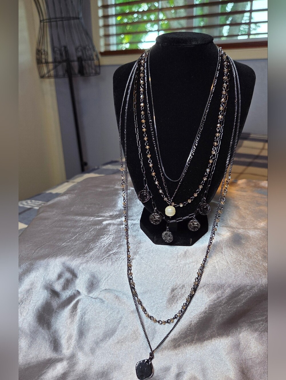 Layered Black and Silver Multi-Chain Necklace with Pearl Accent